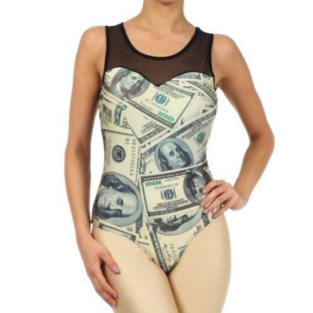sexy dollar bill top money shirt sheer bodysuit